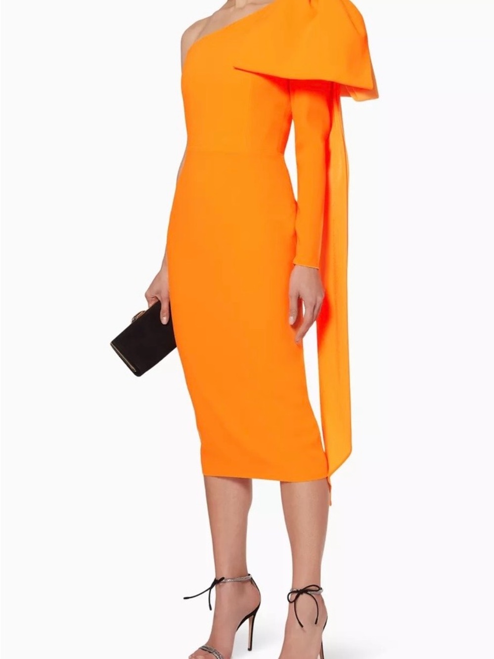 Alex Perry Neon Orange One-Shoulder Midi Dress with Draped Sleeve